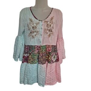 Johnny Was Boho Patchwork Embroidered Tunic Top Eyelet Bell Sleeve Size L